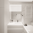 Projekt łazienki z białą szafą w zabudowie oraz z wanną
