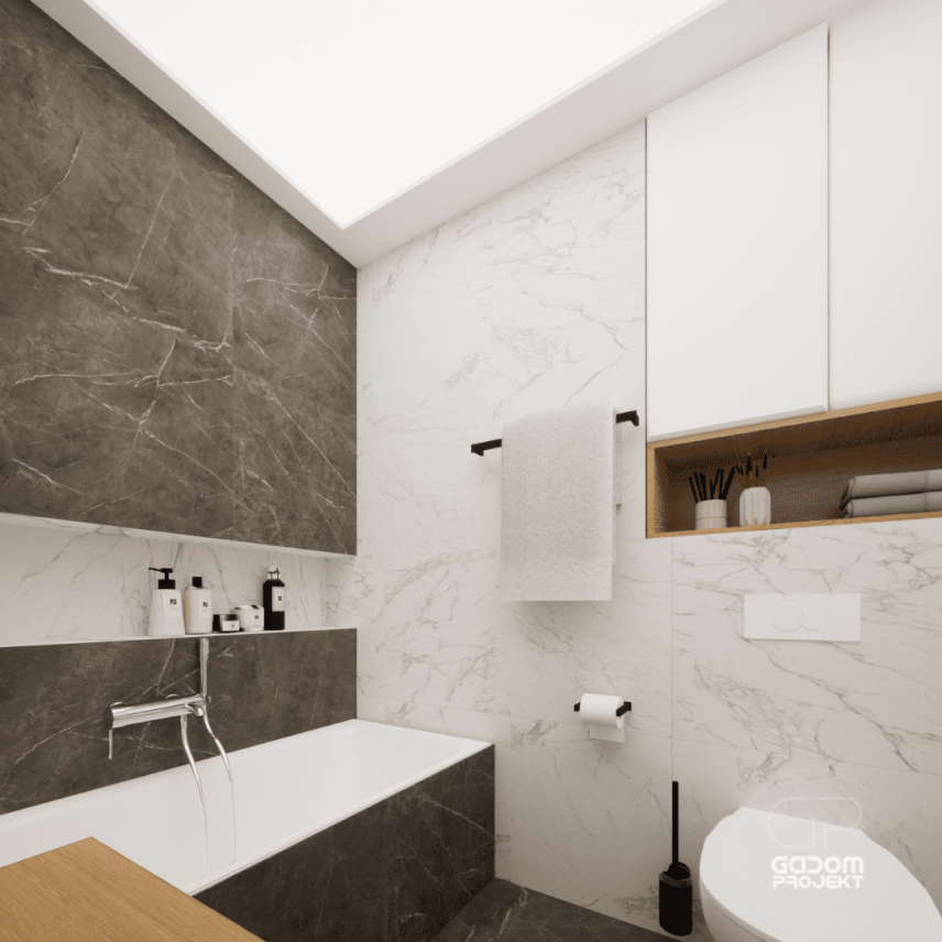 Projekt mieszkania z łazienką z płytkami z białego gresu
