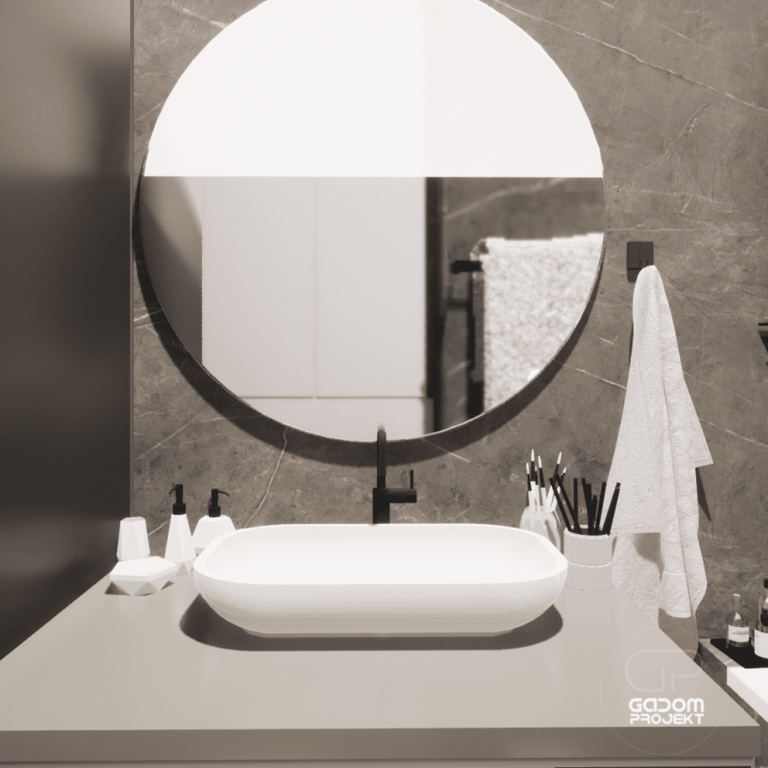 Łazienka z owalną umywalką nablatową oraz okrągłym lustrem