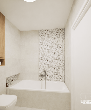 Projekt nowoczesnej  łazienki z wanną w zabudowie z półką wewnętrzną