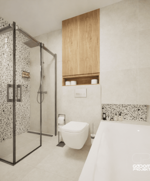 Projekt łazienki z wanną w zabudowie, prysznicem z odpływem liniowym oraz ścianą lastryko