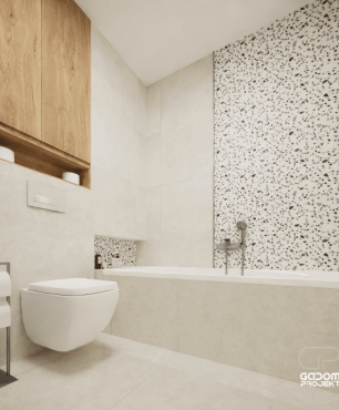 Projekt łazienki w nowoczesnym stylu z wanną w zabudowie oraz białą muszlą wiszącą