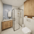 Projekt łazienki z prysznicem z drzwiami przesuwnymi oraz drewnianą szafką wiszącą
