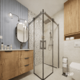 Projekt łazienki ze ścianą lastryko pod prysznicem oraz drewnianą szafką ze zlewem podblatowym