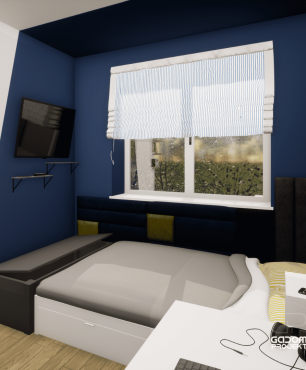 Projekt sypialni z oknem oraz telewizorem na ścianie