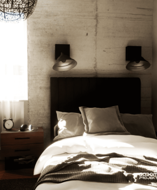 Sypialnia z czarnym, tapicerowanym łóżkiem