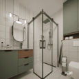 Łazienka z lustrem owalnym oraz prysznicem narożnym