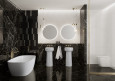 Duża łazienka z wanną owalną oraz marmurowymi płytkami w kolorze czarnym