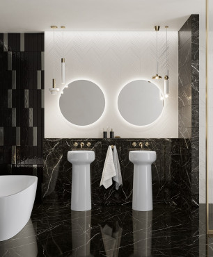 Duża łazienka z wanną owalną oraz marmurowymi płytkami w kolorze czarnym