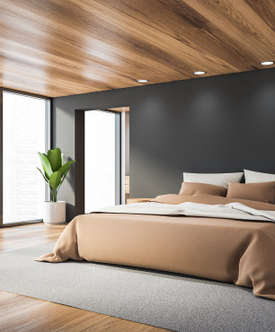 Projekt sypialni z drewnianym sufitem