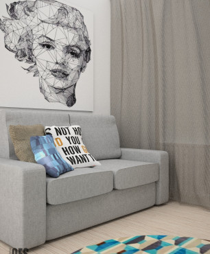 Salon z szarą sofą oraz obrazem na ścianie