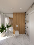Łazienka z białą muszlą wiszącą oraz płytkami na ścianie z imitacją drewna