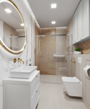 Duża łazienka z prysznicem oraz lustrem w złotej ramie