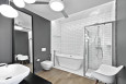 Projekt łazienki z wanną, prysznicem oraz białymi płytkami na ścianie