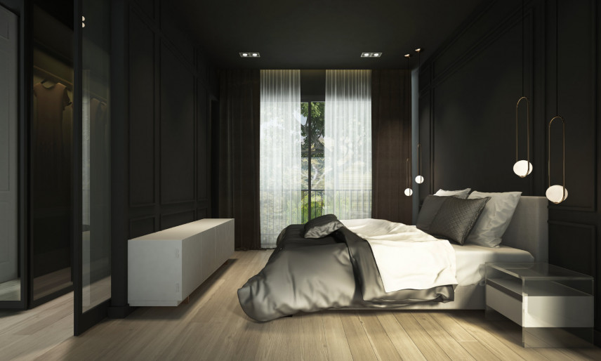 Sypialnia z tapicerowanym łóżkiem
