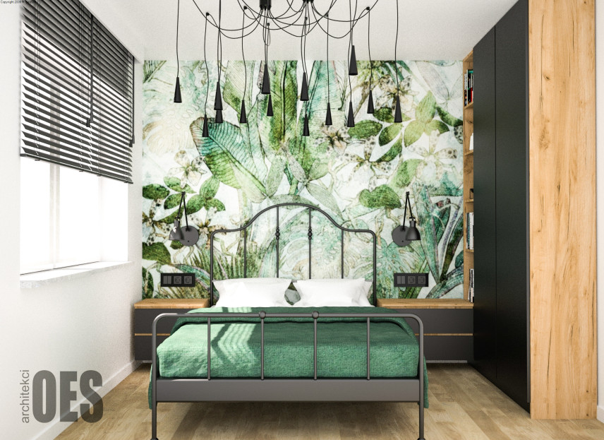 Sypialnia z zieloną tapetą