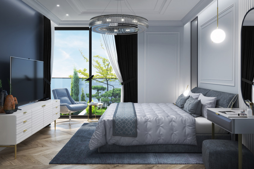 Sypialnia w stylu glamour z balkonem