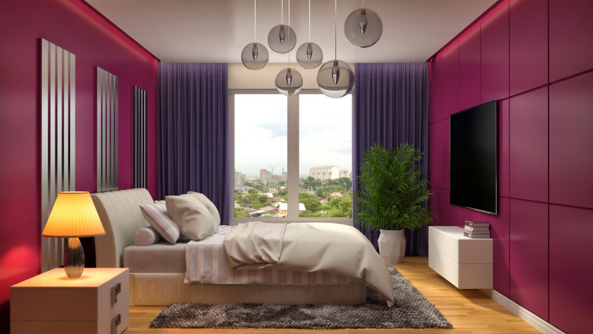 Projekt sypialni glamour w fiolecie