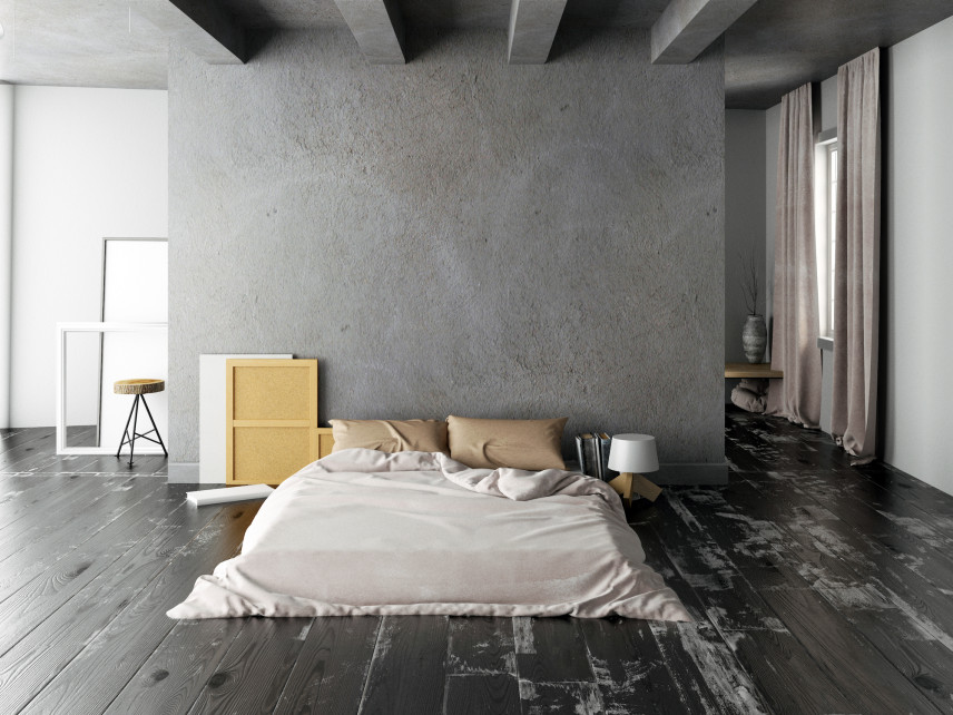 Sypialnia z betonową ścianą