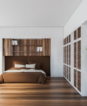 Aranżacja biało-drewnianej sypialni
