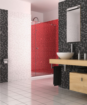 Łazienka w kolorze biało-czarno-czerwonym