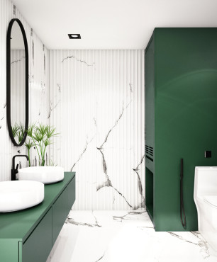 Biało zielona łazienka z marmurowymi ścianami