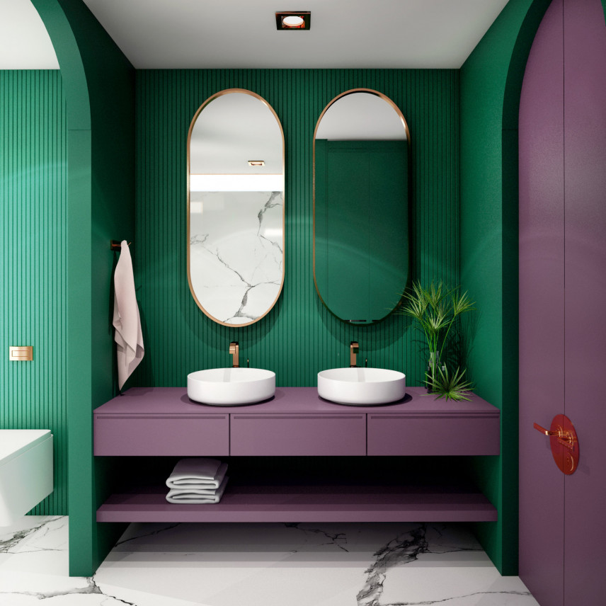Jagodowo-zielona łazienka