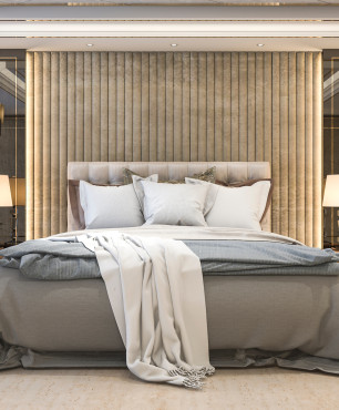 Projekt sypialni z ciekawą aranżacją ściany za łóżkiem