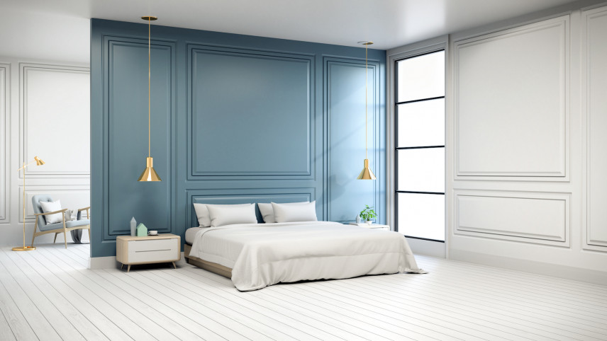 Biało-niebieska sypialnia