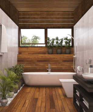 Nowoczesna łazienka z drewnianą ścianą
