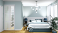 Błękitna sypialnia z białym drewnem na ścianie