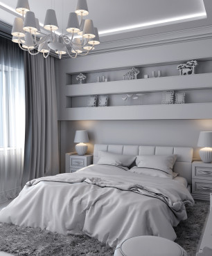 Szara sypialnia w stylu glamour