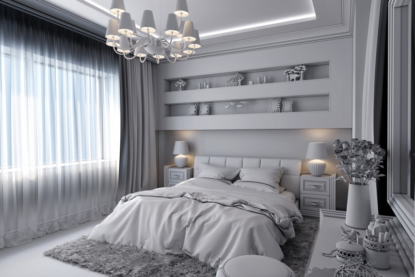Szara sypialnia w stylu glamour