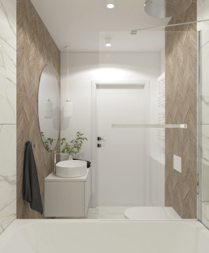 Elegancka łazienka z kaflami imitującymi drewno na ścianie