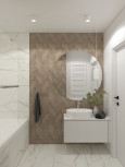 Łazienka z okrągłym lustrem i imitacją drewna na ścianie