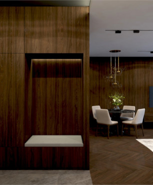 Salon z drewnem na ścianie