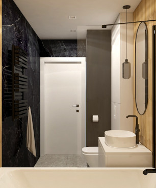 Projekt łazienki z czarno-brązowymi ścianami