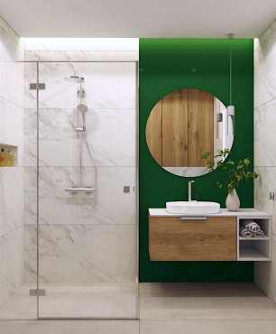Aranżacja łazianki z zieloną ścianą