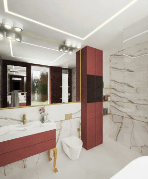 Projekt łazienki ze stylowymi meblami w kolorze bordo