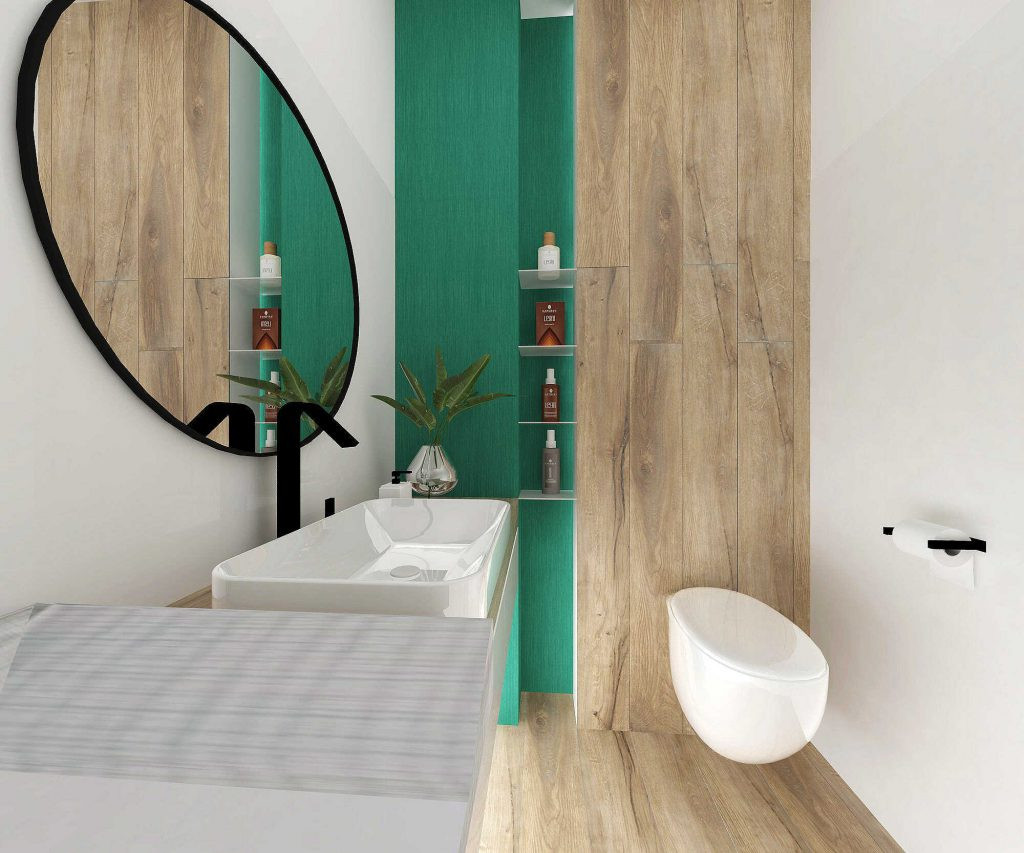 Projekt łazienki z zieloną ścianą