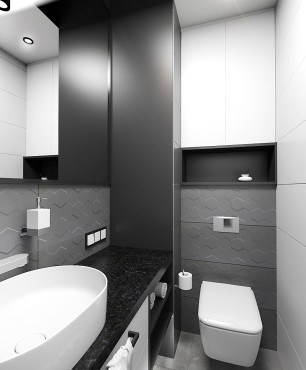 Wąska łazienka w kolorze czarno-białym