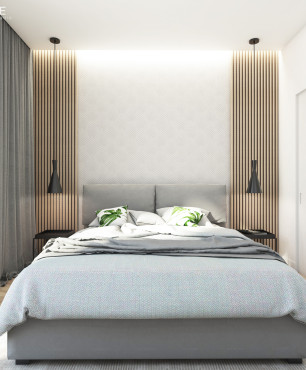 Sypialnia z elementami drewna na ścianie