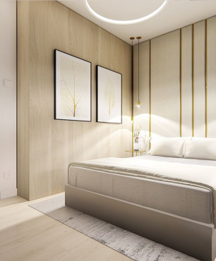 Sypialnia z drewnianą ścianą