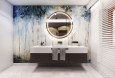 Stylowa łazienka z abstrakcyjną grafiką lasu