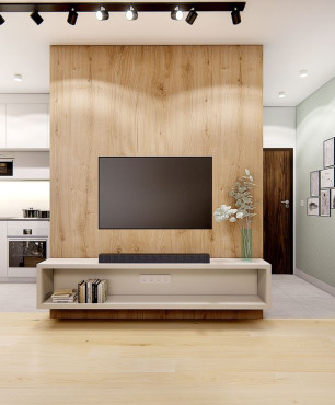 Ściana  z drewnem z telewizorem