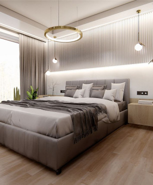 Sypialnia z łóżkiem  z tapicerowanym zagłówkiem