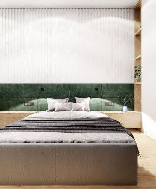 Sypialnia z dużym, tapicerowanym łóżkiem