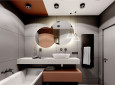 Stylowa łazienka z wanną w kolorze szarym i brązowym
