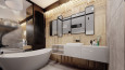 Projekt łazienki z drewnianą ścianą