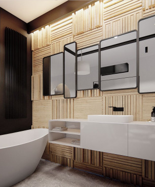 Projekt łazienki z drewnianą ścianą